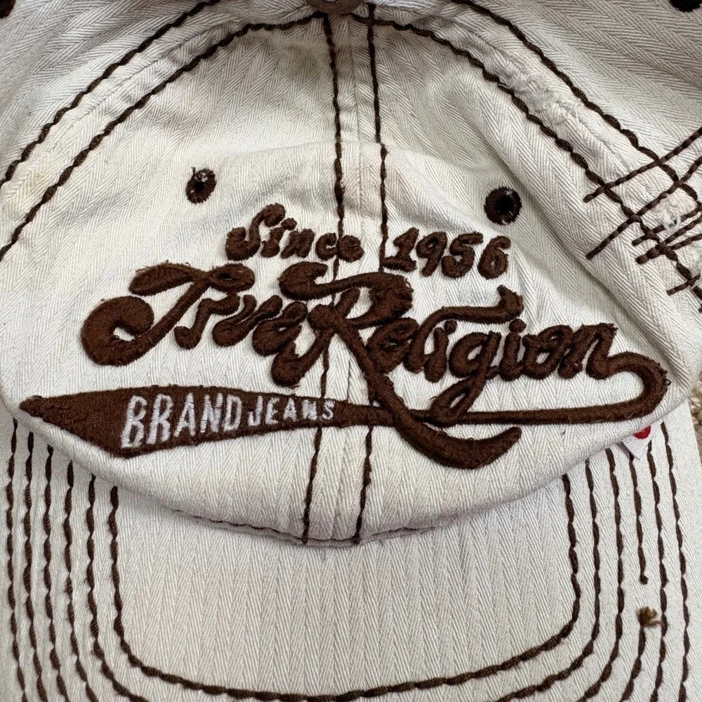 True‎ Religion Buddha Y2K Cream Hip Hop Contrast Stitch A-Flex Distressed Hat OS